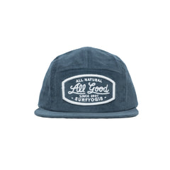 Blue Corduroy hat. White embroidery. 'All Natural, All Good , Since 2007 Surfyogis text