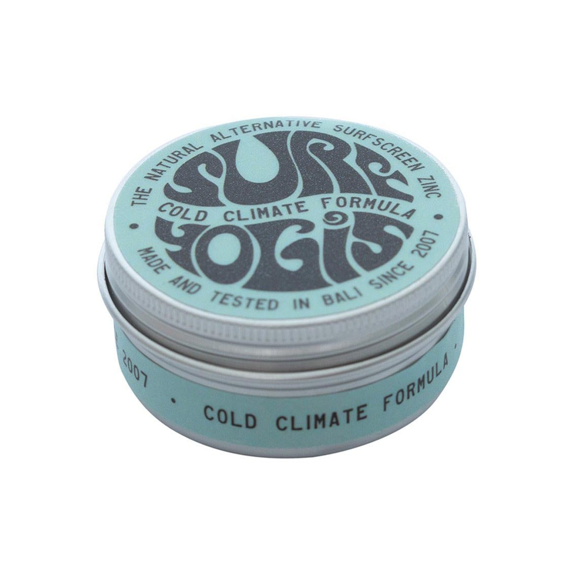 100% Natural Reef Safe Surfscreen Zinc COLD CLIMATE FORMULA Cold Climate Formula. Blue logo, aluminum tin.