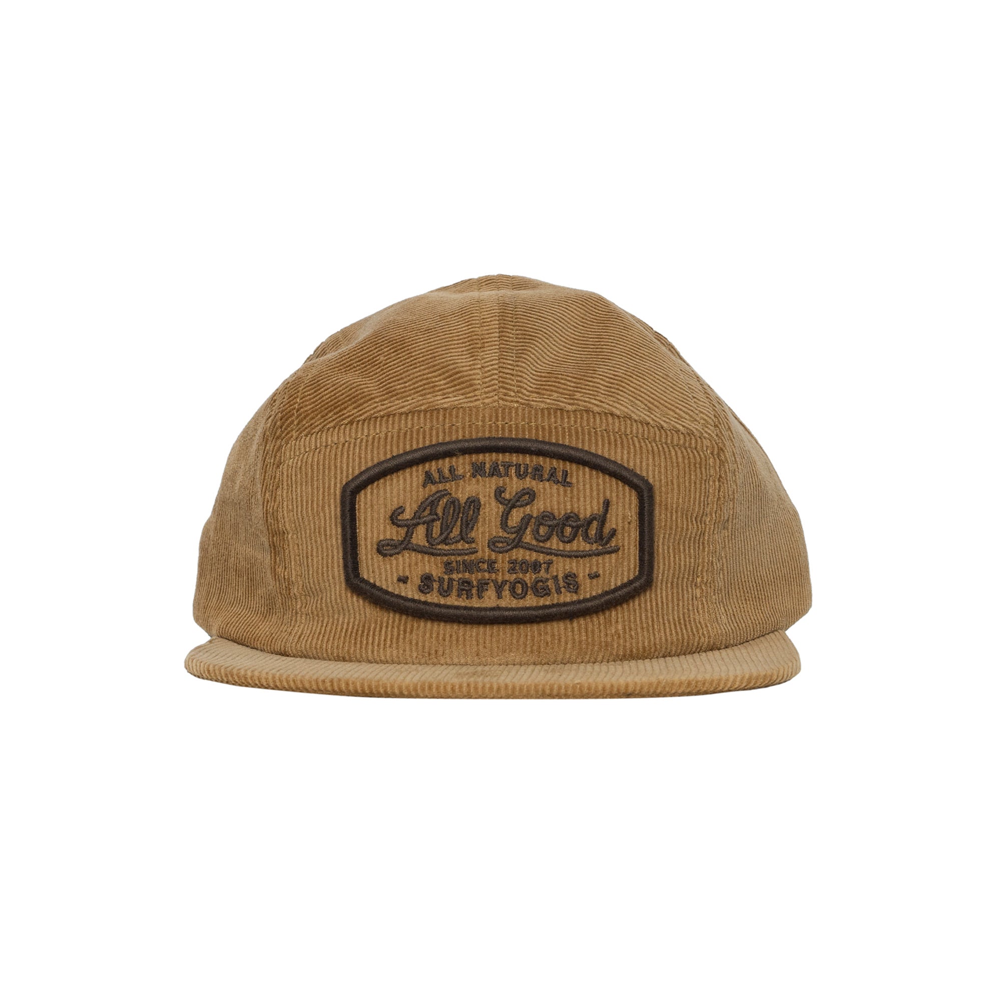Brown Corduroy Hat. Brown Embroidered Text. "All Natural, ALL GOOD, Since 2007, Surfyogis