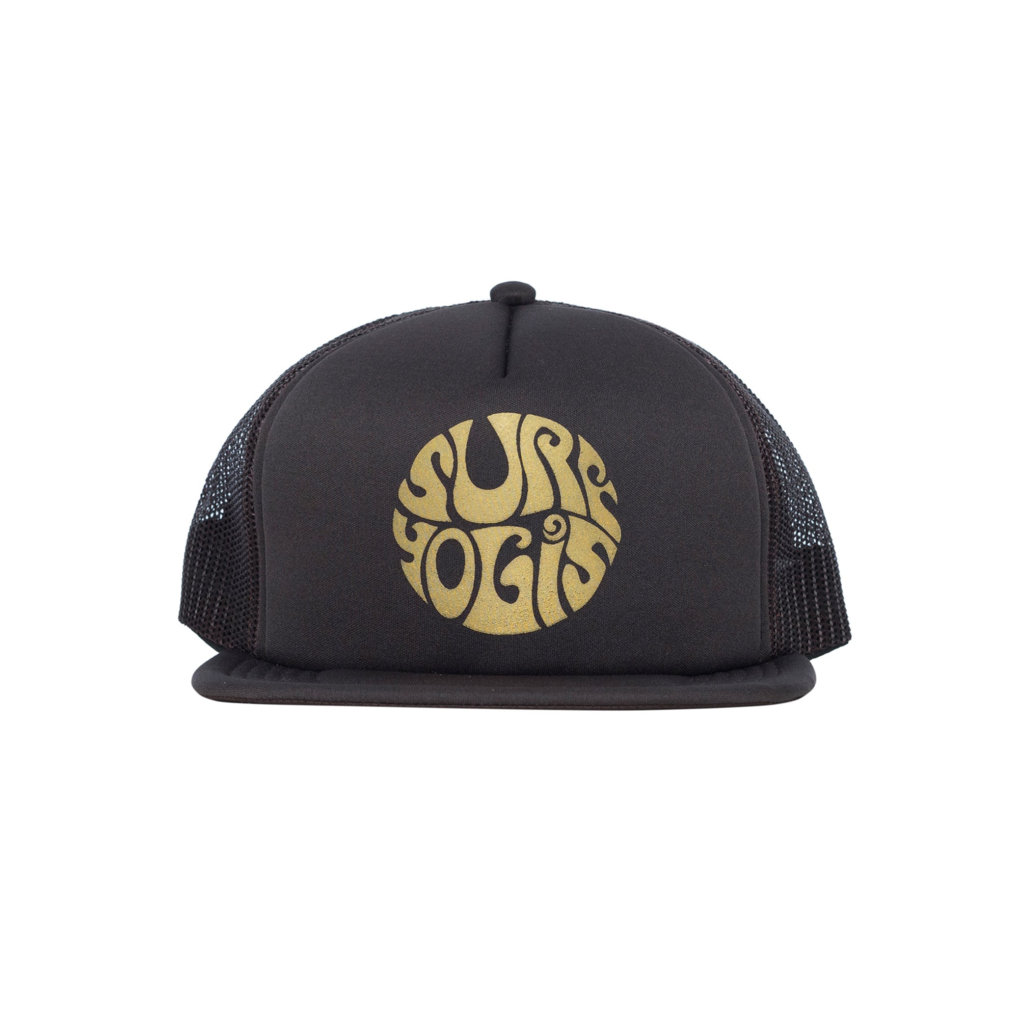 Brown Trucker Hat. Gold Surfyogis logo centre front panel.